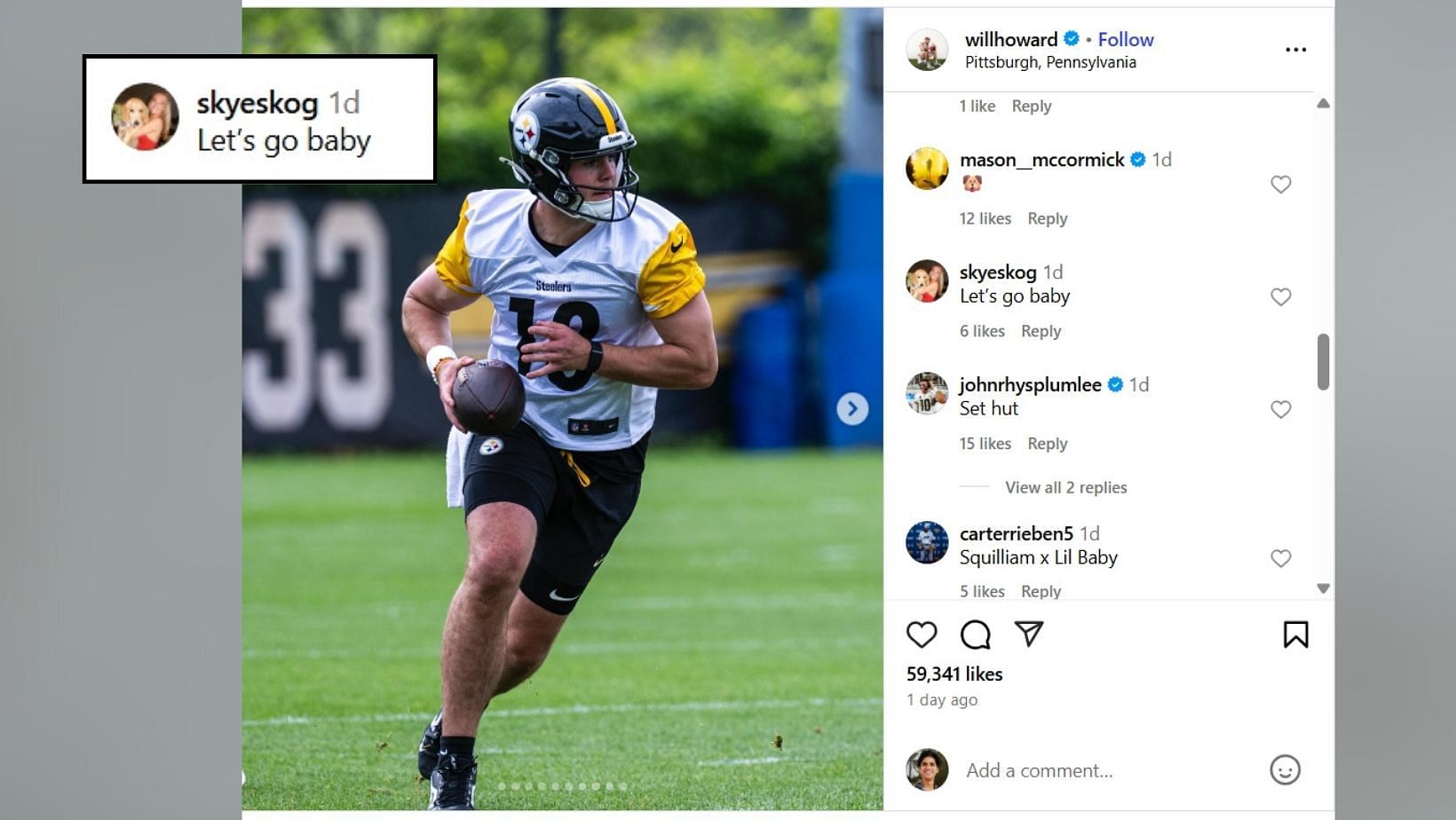 Will Howard's girlfriend Skyler reacts as rookie QB drops photos from Steelers OTAs (Image Credit: Howard/IG)